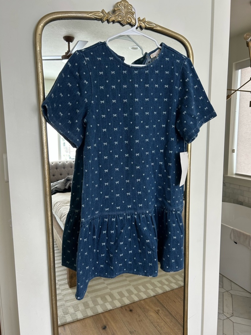 easel Navy Blue Mini Dress with White Bow Print